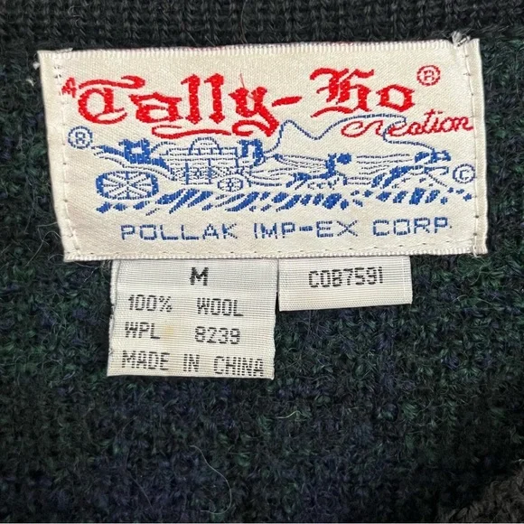 Tally-Ho Women's Size Medium Cardigan Wool Sweater Gold Buttons Plaid Green Blue - Picture 3 of 8